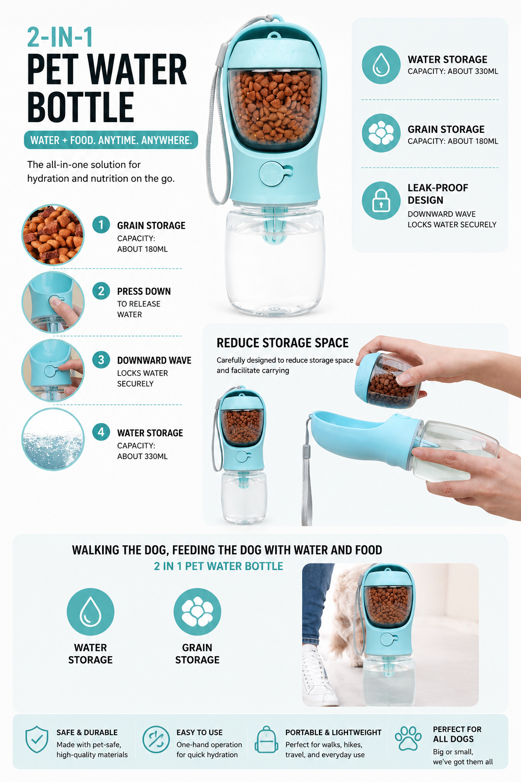 Portable 2-in-1 Pet Water Bottle with Food Container – Travel Hydration & Feeding Solution