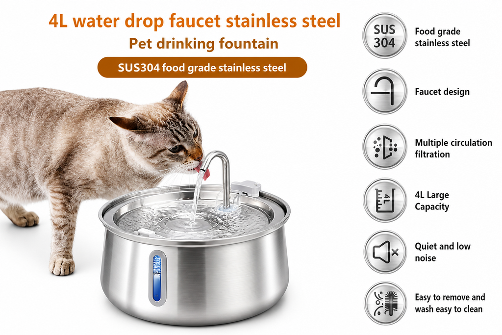 4L Stainless Steel Pet Water Fountain – Automatic Flow Drinking Dispenser for Dogs & Cats (US plug)