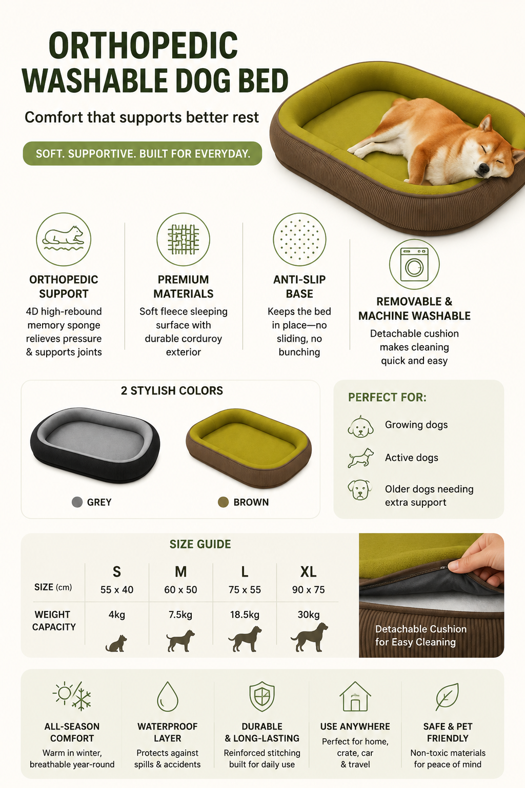 Orthopedic Washable Dog Bed – Anti-Slip, Removable Cushion, All-Season Comfort for Small to Large Dogs